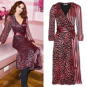 Alice + Olivia Abigail Pink Stripe & Leopard Print Silk Blend Wrap Dress Size 6